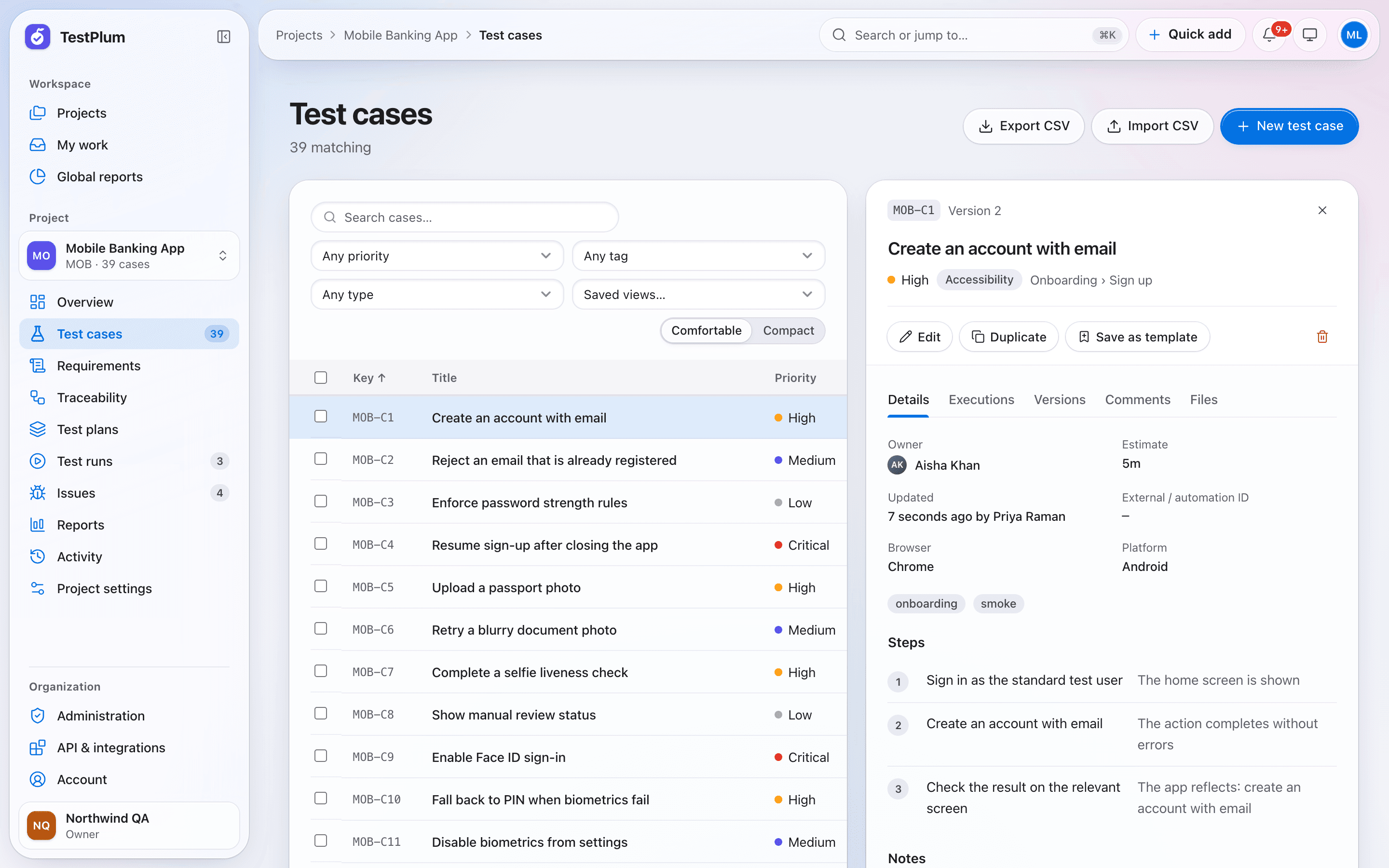 A test case in TestPlum showing its steps, expected results, owner, tags and version number