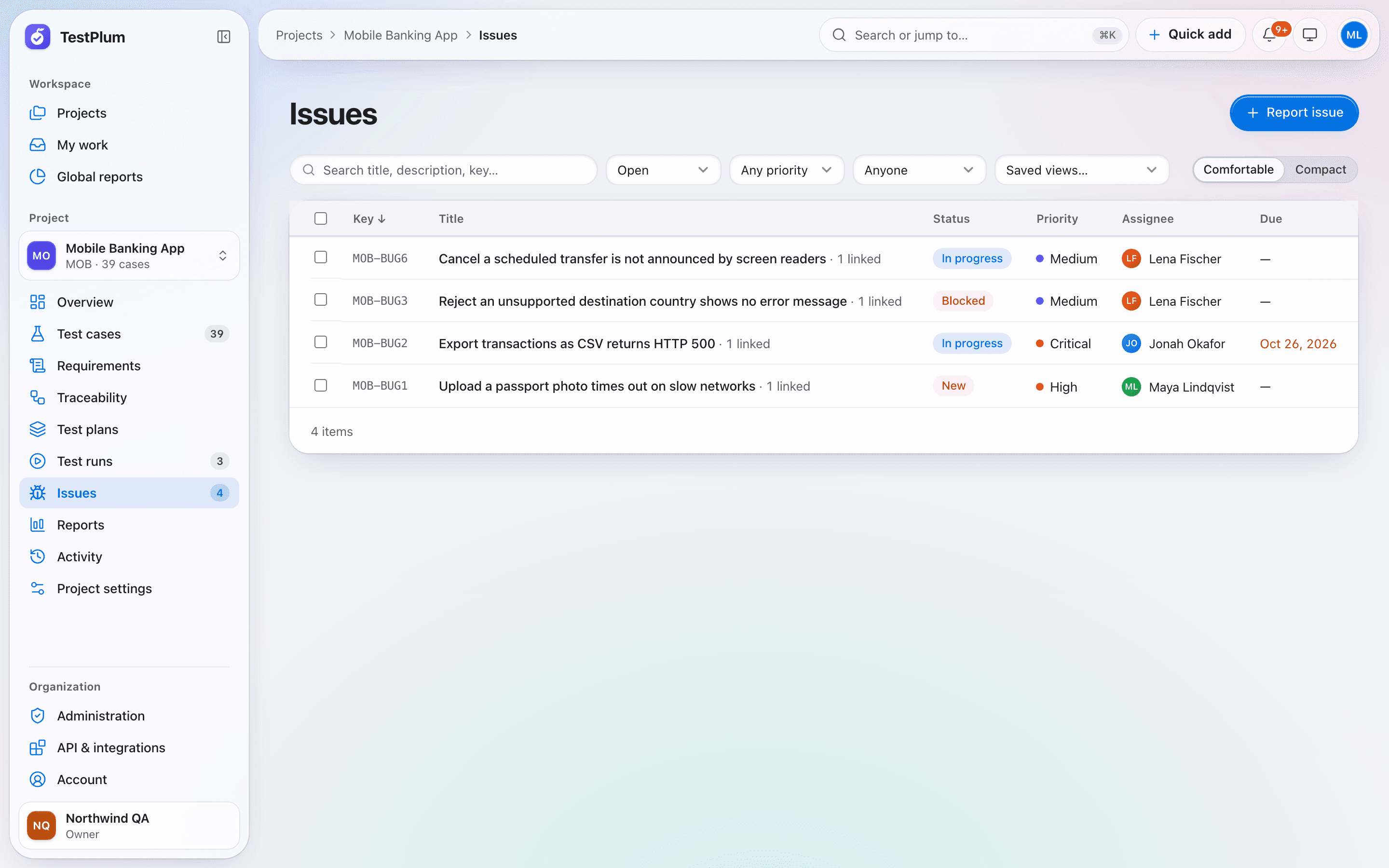 TestPlum issues list with status, priority, assignee and the number of linked test results