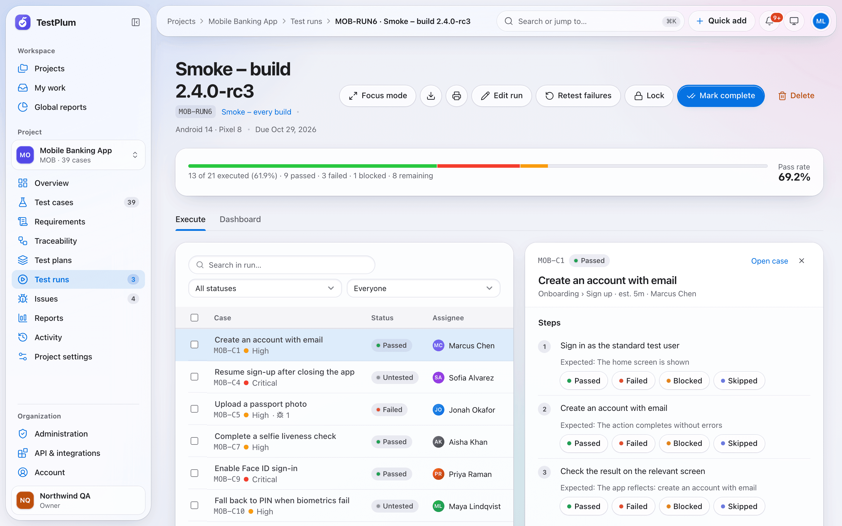 A TestPlum test run with a progress bar, 69% pass rate and step-by-step result buttons